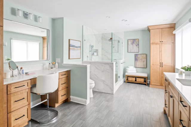 Renovated bath with pastel green walls in Dresher, PA