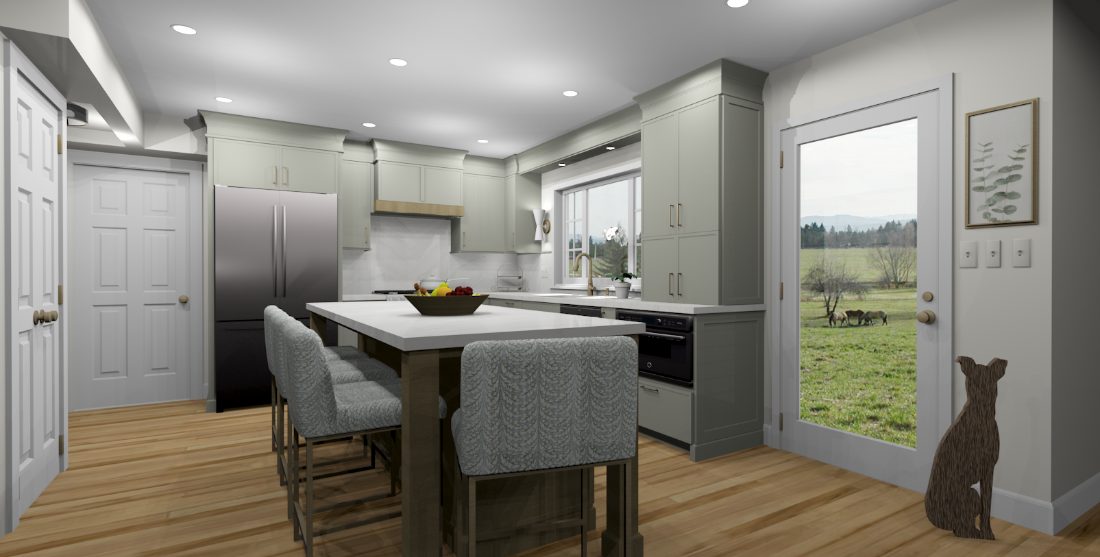 Kitchen design rendering showing improved layout with larger island and better flow