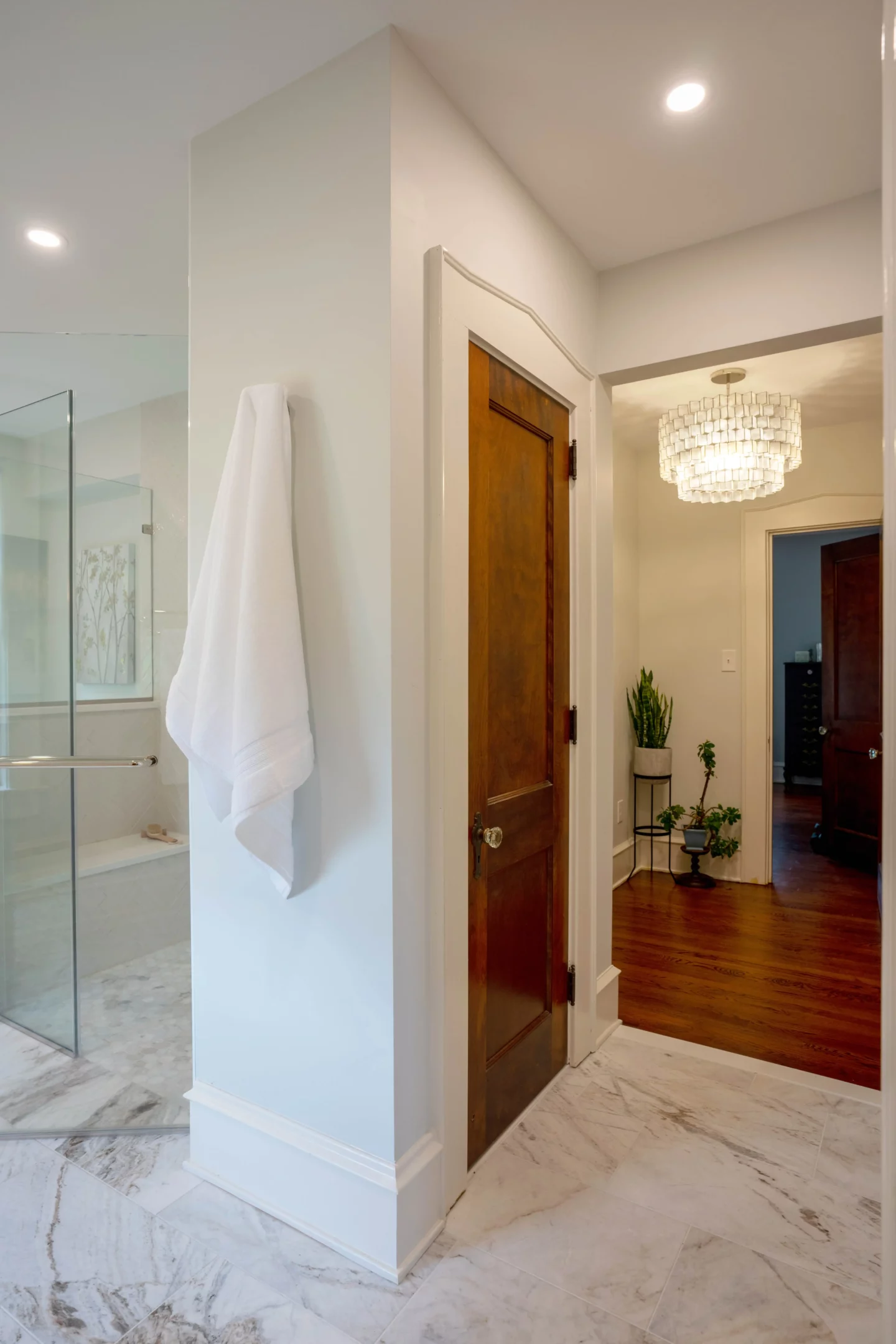 Far-out view of the shower connecting the walk-in closet and bathroom in Lansdale bathroom remodel - 2