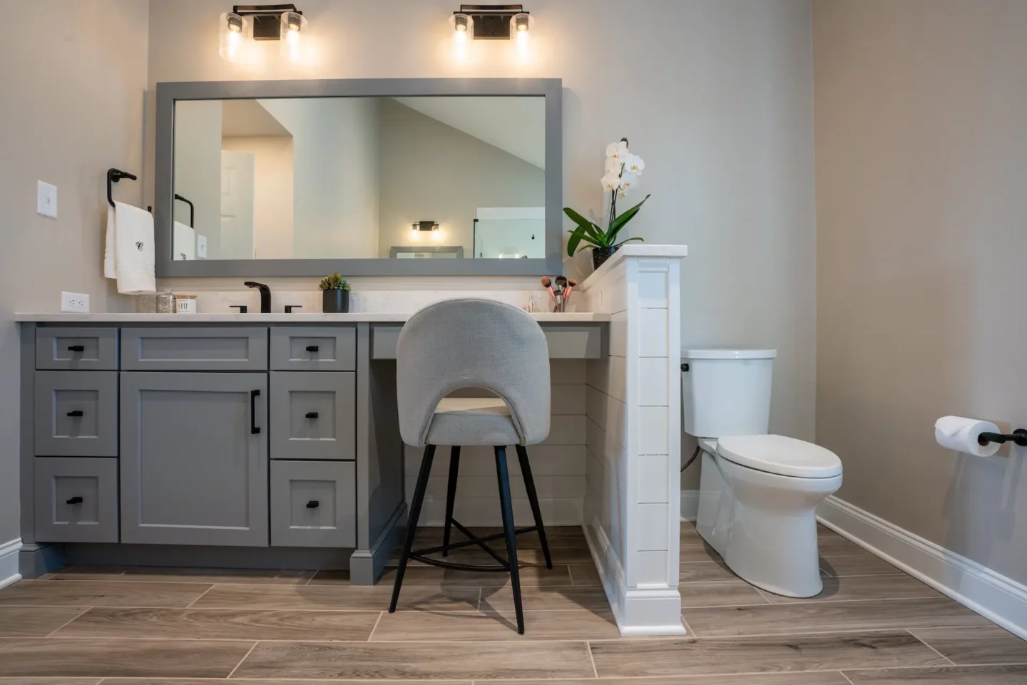 Clear view of the single-sink vanity with make-up area in North Wales Bathroom Remodel