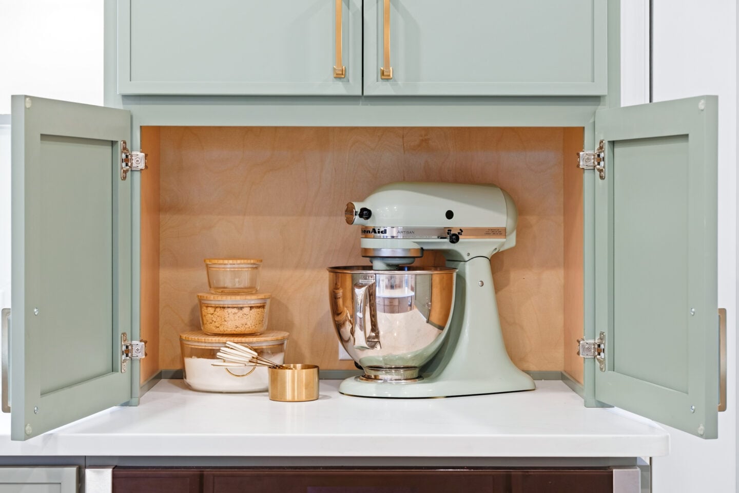 Kitchen appliance garage with mixer storage and built-in cabinetry