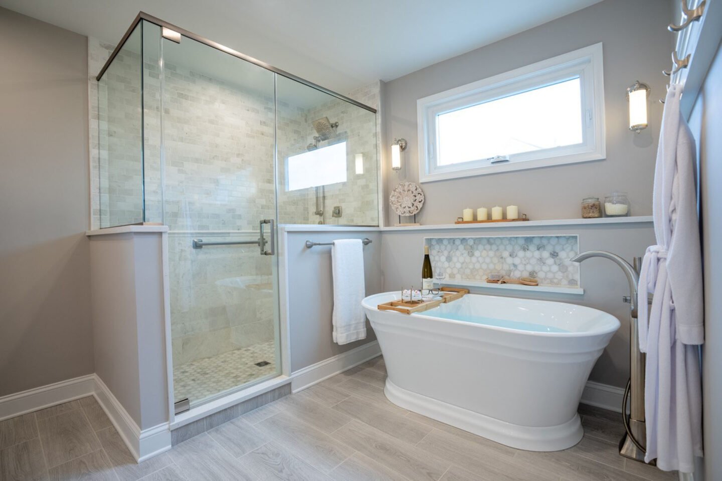 Renovated bathroom with soaking tub and separate shower