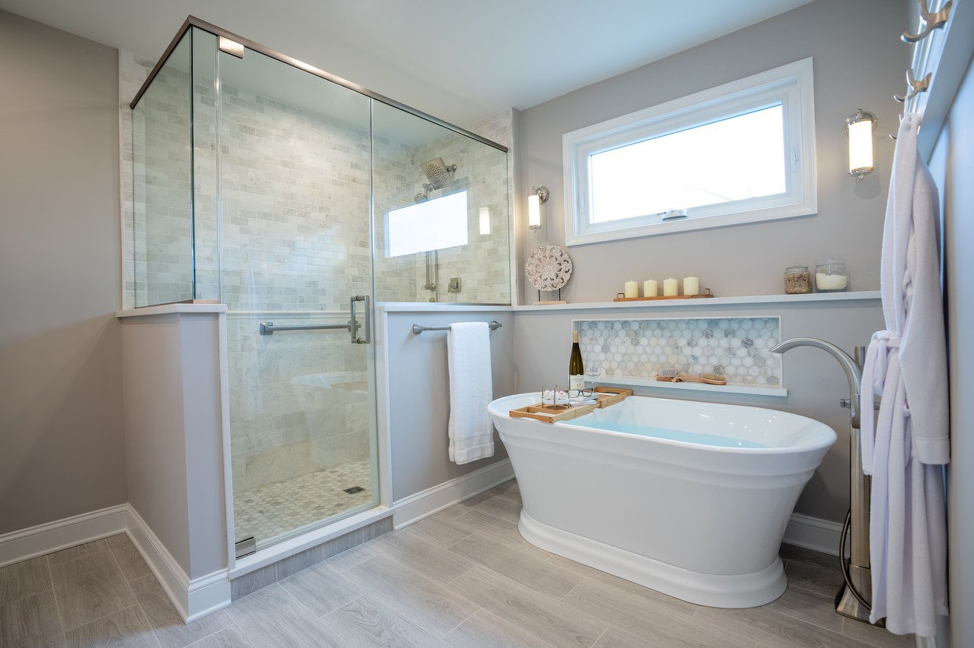 Renovated bathroom with soaking tub and separate shower
