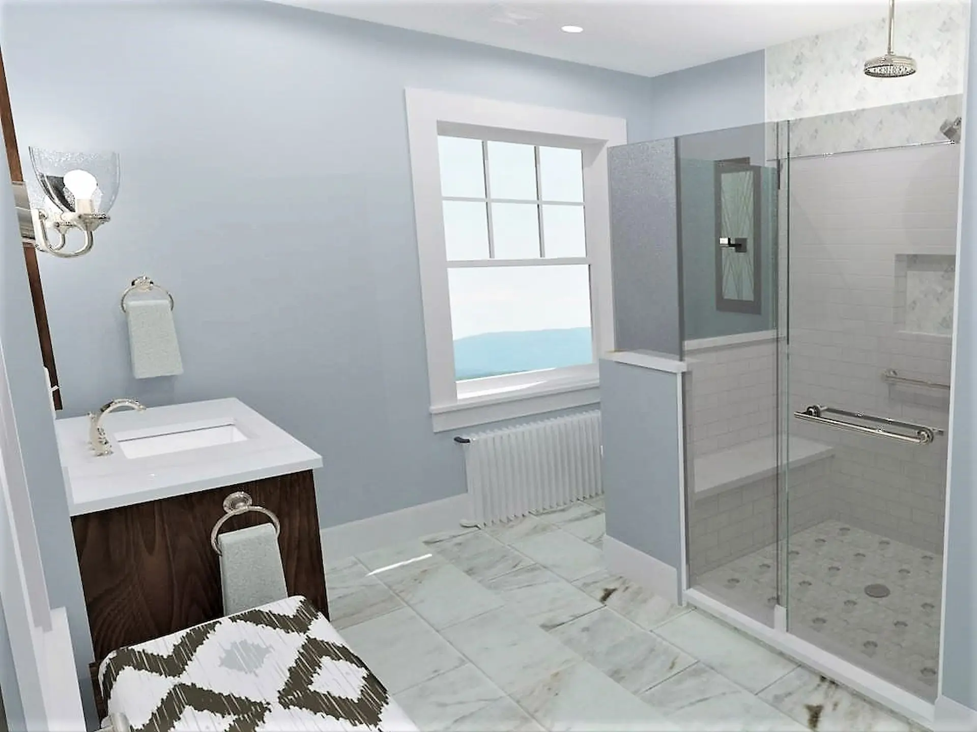 3D rendering of shower area, sink, vanity, and rain head in Lansdale bathroom remodel