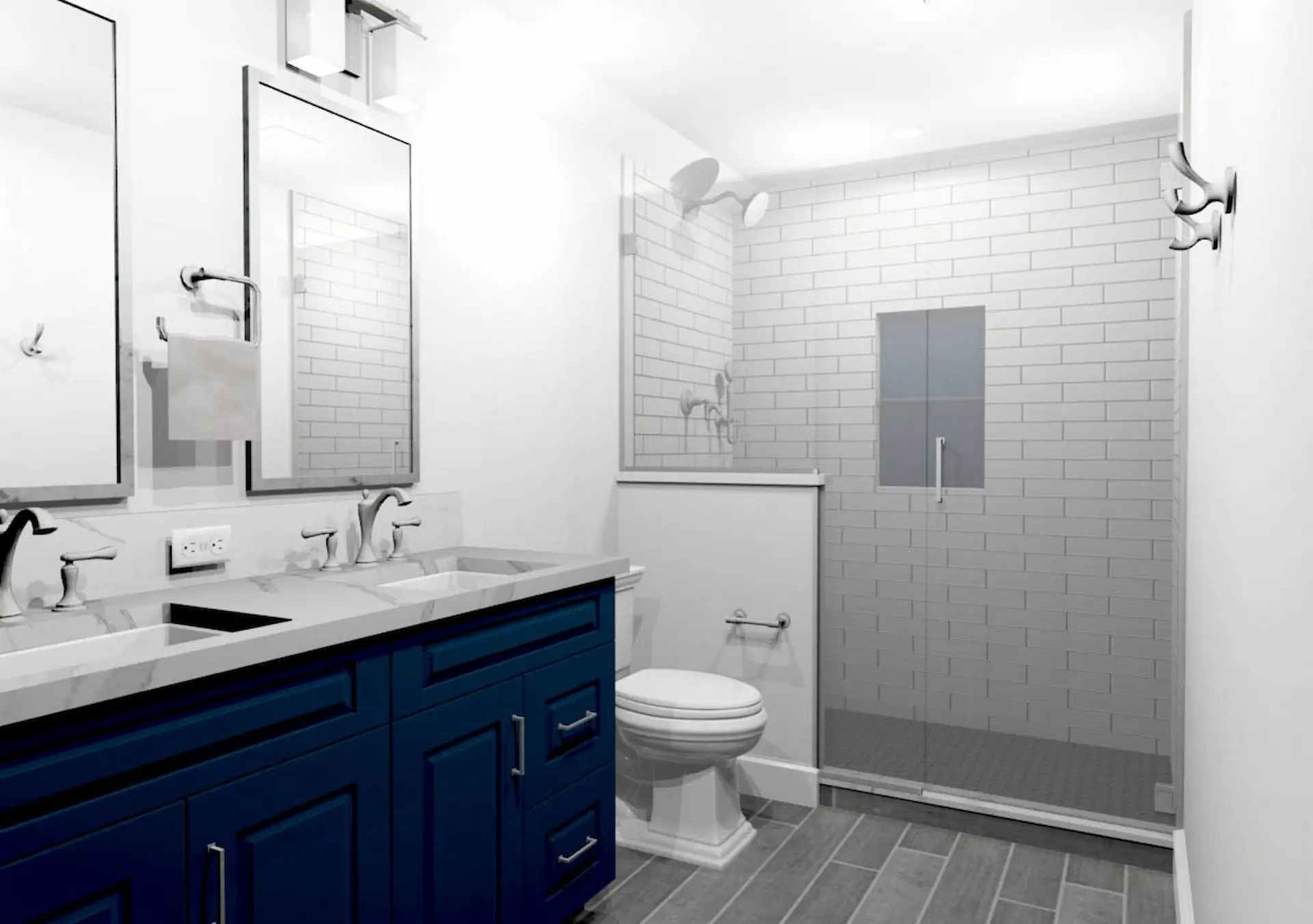 Prototype of enclosed shower area, water closet, and double vanity in Lower Gwynedd Bathroom