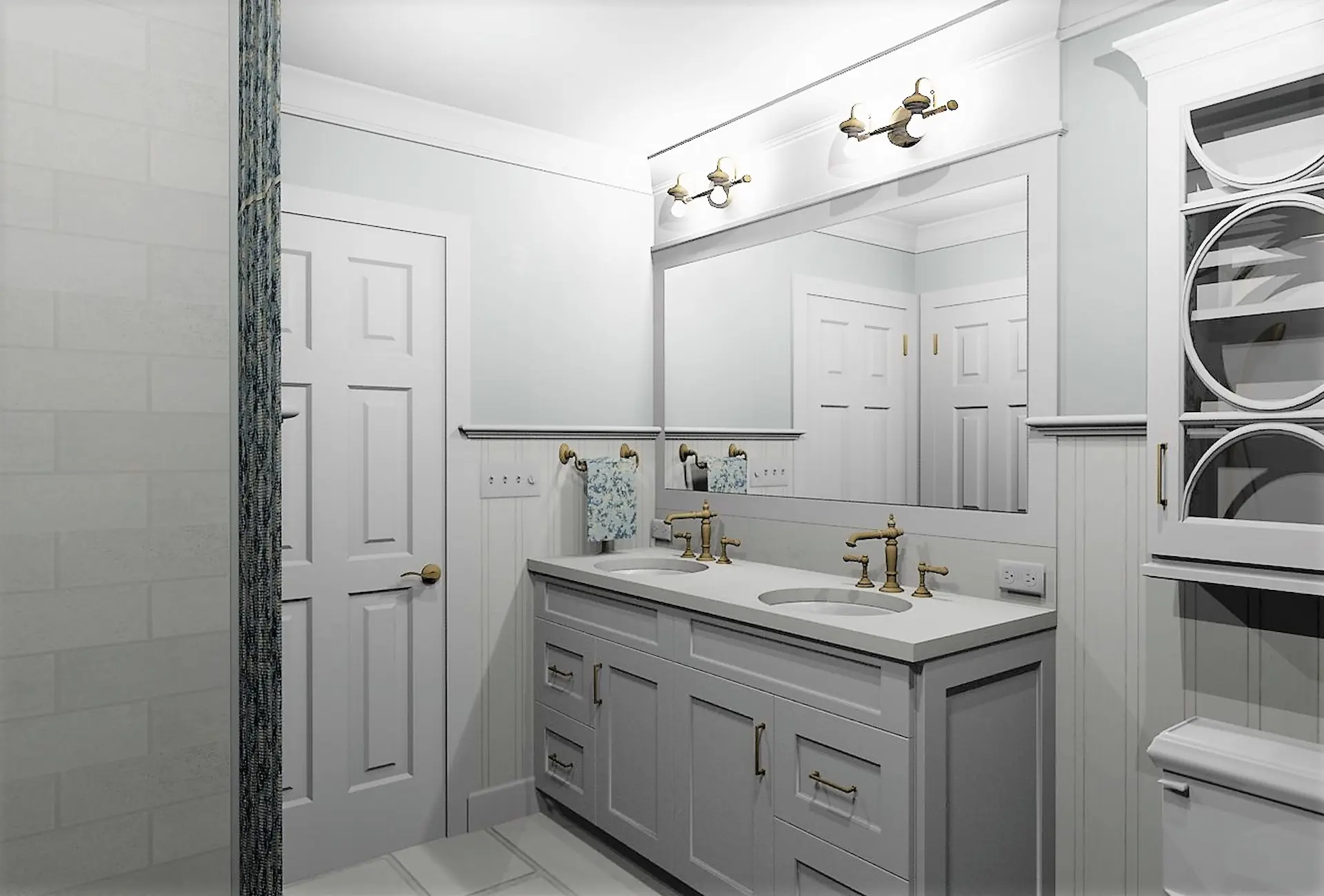 3D rendering of double vanity, wide glass, and door in Gwynedd Valley bathroom remodel