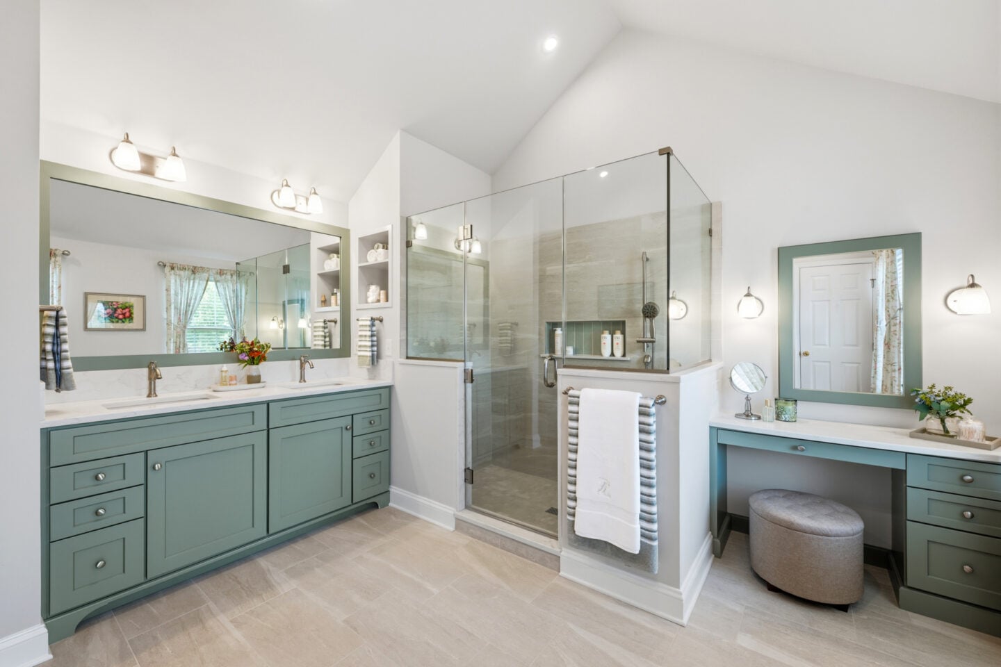Spa-inspired primary bathroom featuring coastal-inspired finishes, custom cabinetry, and quartz countertops in Harleysville.