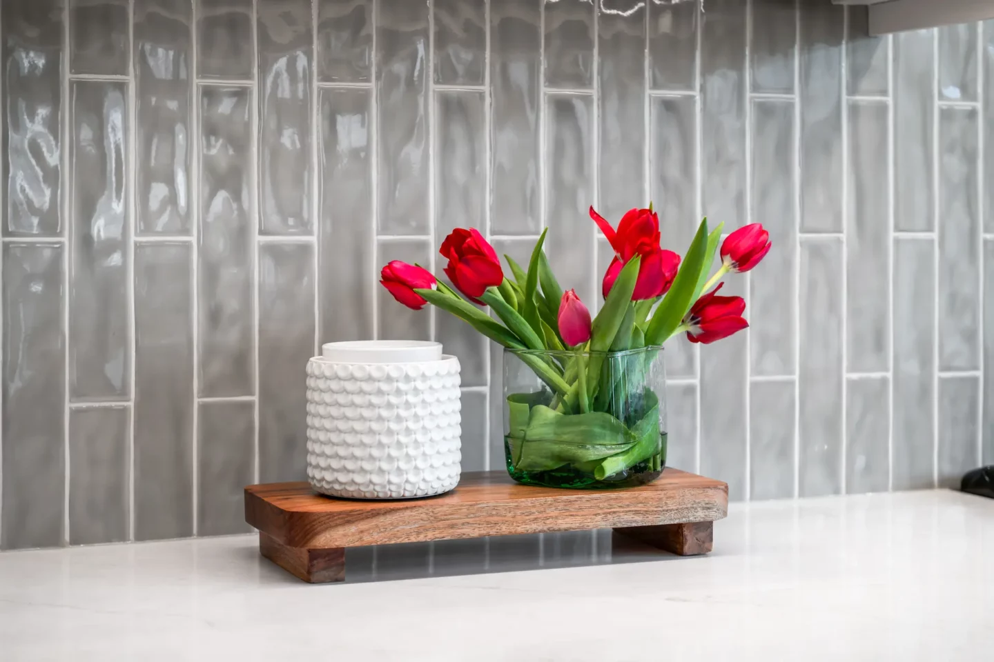Quartz countertop and tile backsplash detail in the remodeled Lansdale kitchen