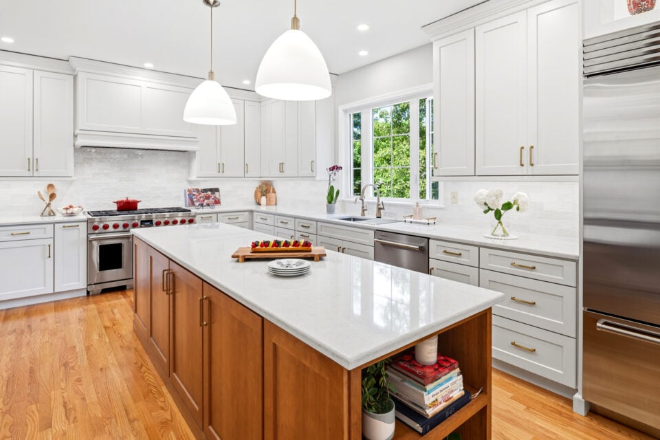 White kitchen cabinetry creates a bright and timeless look in this North Wales home