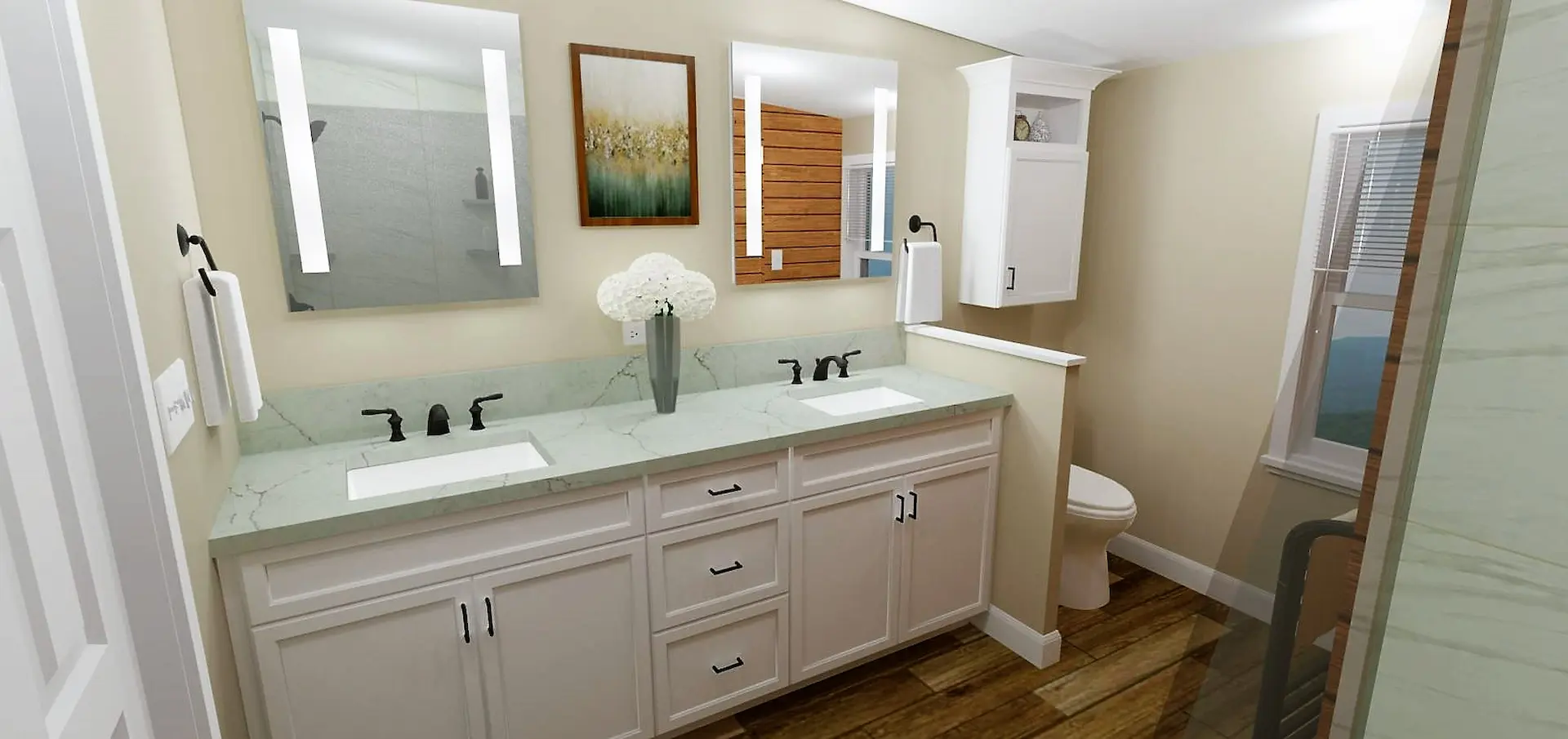 3D rendering of double-sink vanity in Lansdale bathroom sauna remodel